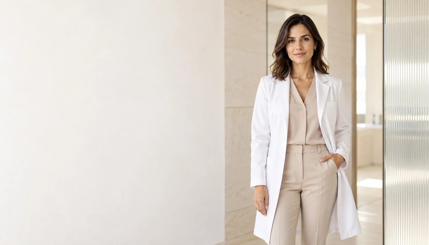 Médica de jaleco branco em um consultório particular iluminado
